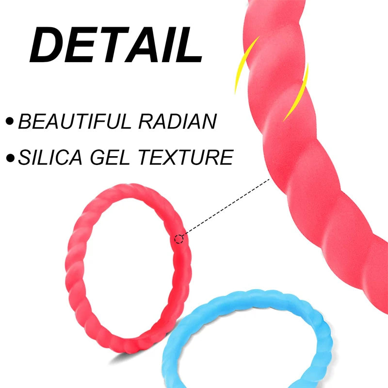 Close-up detail of a red braided silicone ring texture and blue silicone ring.