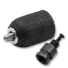 Black self-locking keyless drill chuck adaptor with a hexagonal shaft and grip.
