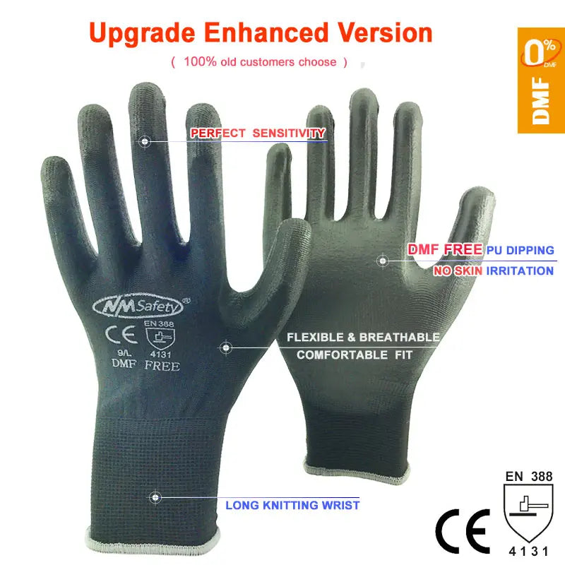 A pair of dark gray PU-coated work gloves shown with certification marks and text indicating perfect sensitivity and durabili