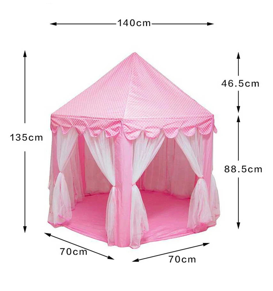 Pink foldable princess tipi play tent with a scalloped trim and sheer fabric canopy.