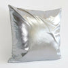 A square metallic silver decorative pillowcase with a shiny finish.
