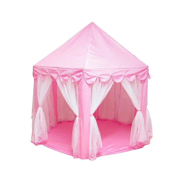 Pink foldable princess tipi play tent with sheer fabric draping for children