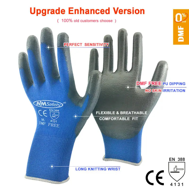 A pair of blue and gray PU-coated work gloves showing the palm side, emphasizing perfect sensitivity and comfort.