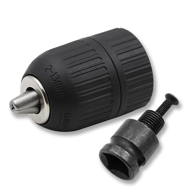 Black self-locking keyless drill chuck adaptor with a hexagonal shaft and grip.