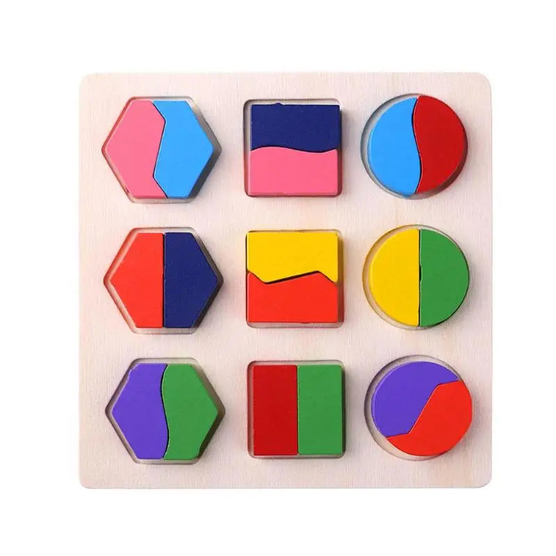 A wooden puzzle board with various geometric shapes and colors including triangles, squares, and circles.