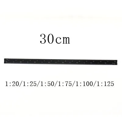 A black aluminum triangular scale ruler marked with various ratios like 1:20, 1:25, 1:50, 1:75, 1:100, and 1:125, measuring 3