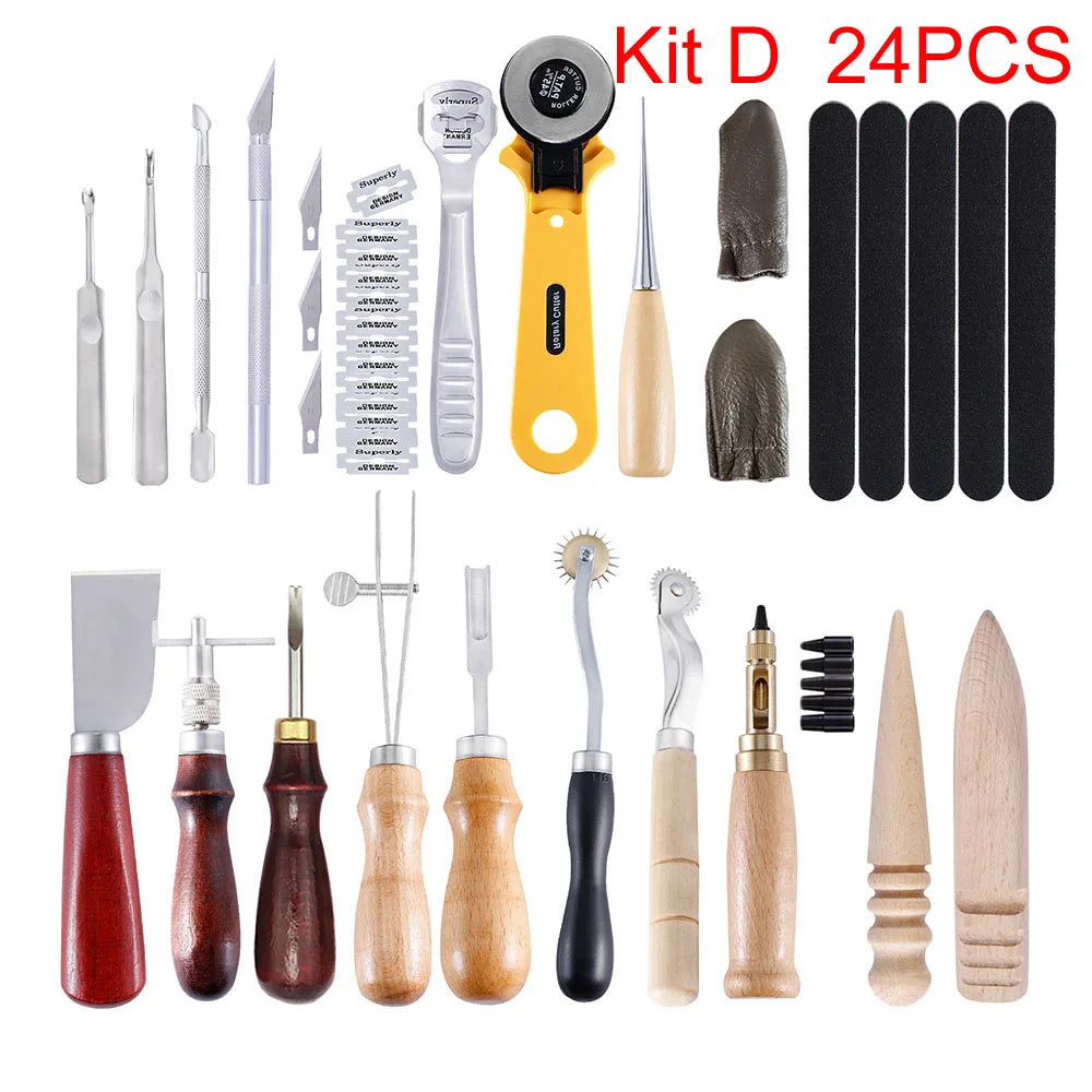 A kit of professional leather craft tools including knives, styluses, and various grooving and stitching implements.
