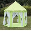 A lime green foldable princess tipi play tent with sheer white draping set up outdoors on grass.