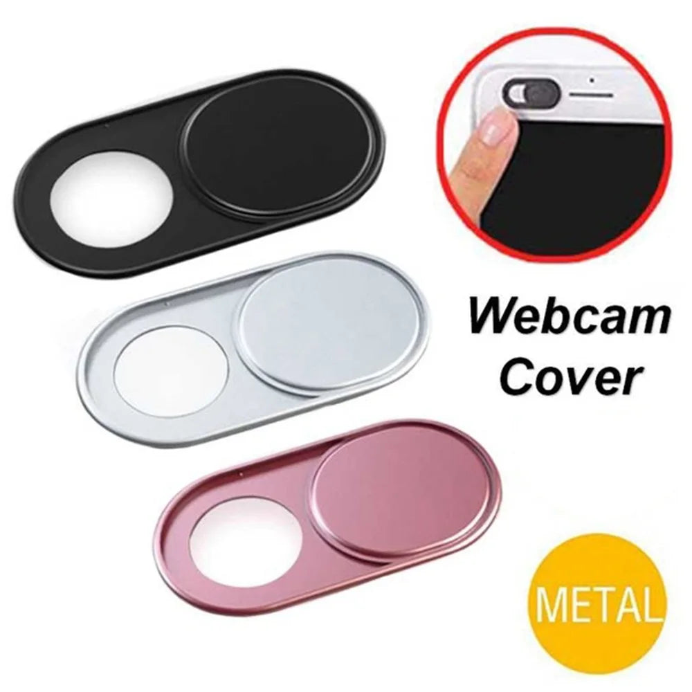 A set of ultra-slim magnetic webcam covers in black, silver, and pink for laptops, tablets, and phones.