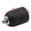 Black self-locking keyless drill chuck adaptor with markings for size and grip.
