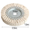 A circular cotton buffing wheel with a central hub and radiating teeth, measuring 6 inches in diameter.