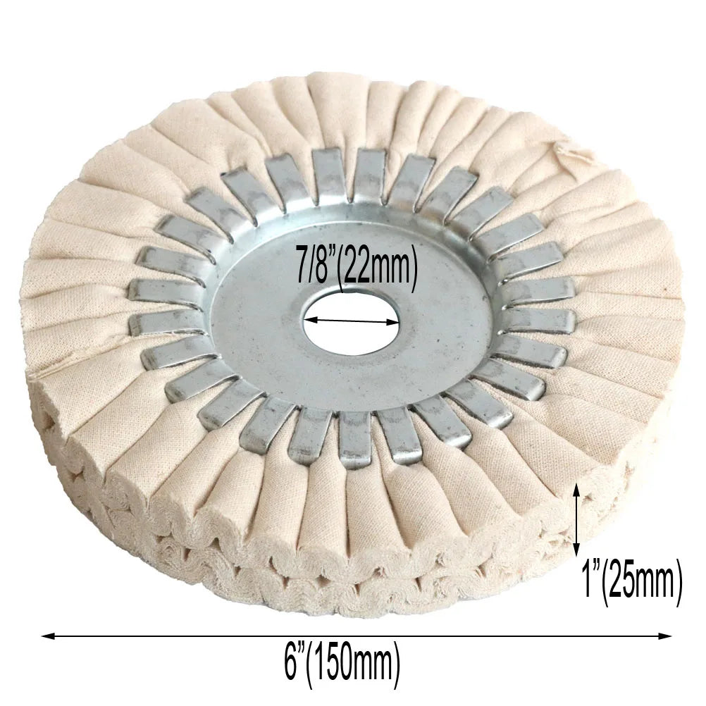 A circular cotton buffing wheel with a central hub and radiating teeth, measuring 6 inches in diameter.
