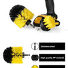 A yellow and black power drill brush attachment set featuring a rotating brush head and various nylon wool cleaning tools.