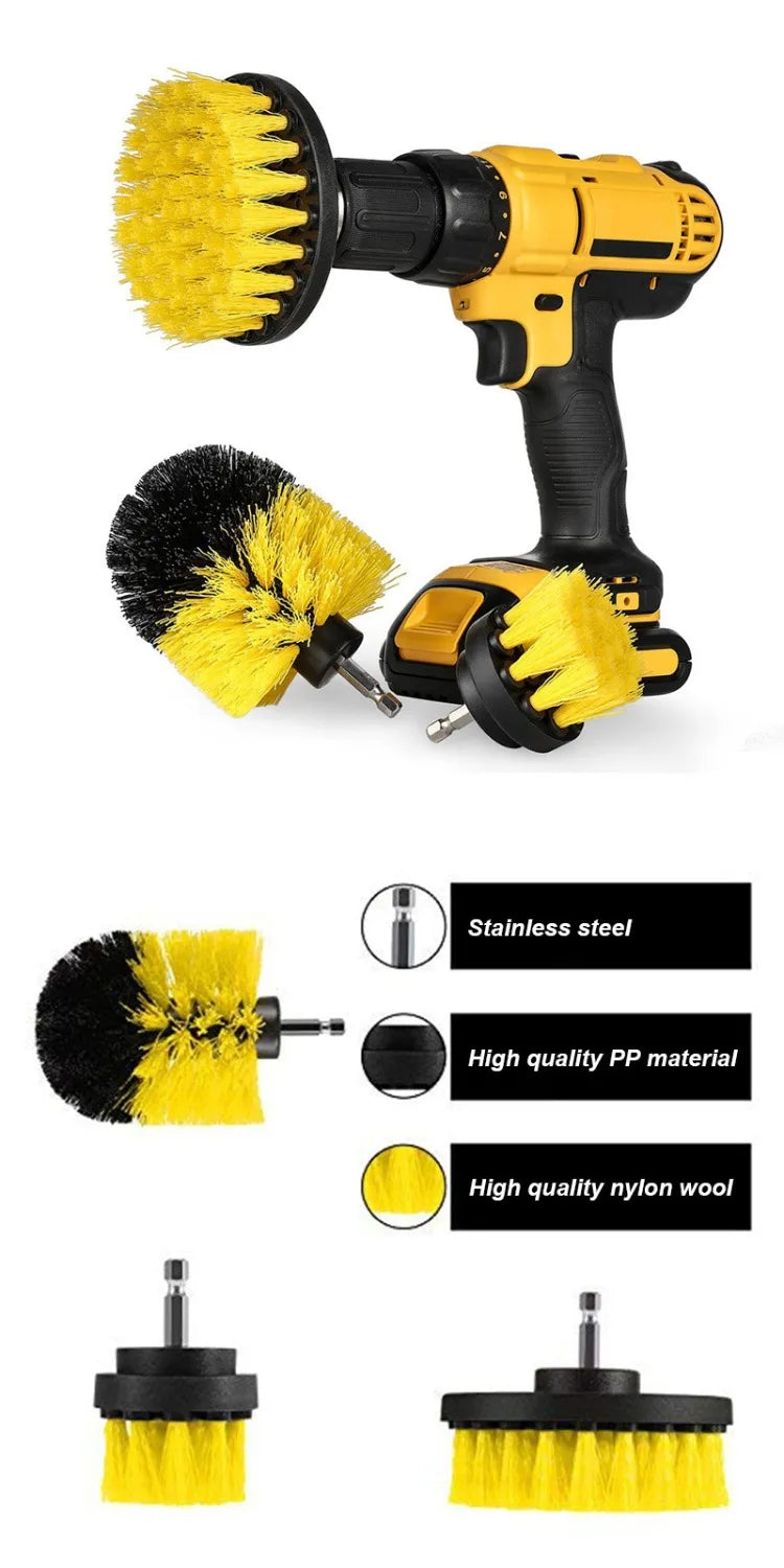 A yellow and black power drill brush attachment set featuring a rotating brush head and various nylon wool cleaning tools.