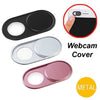 A set of ultra-slim magnetic webcam covers in black, silver, and pink for laptops, tablets, and phones.