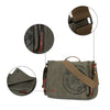 A vintage canvas messenger bag in olive green with brown leather accents and multiple pockets.