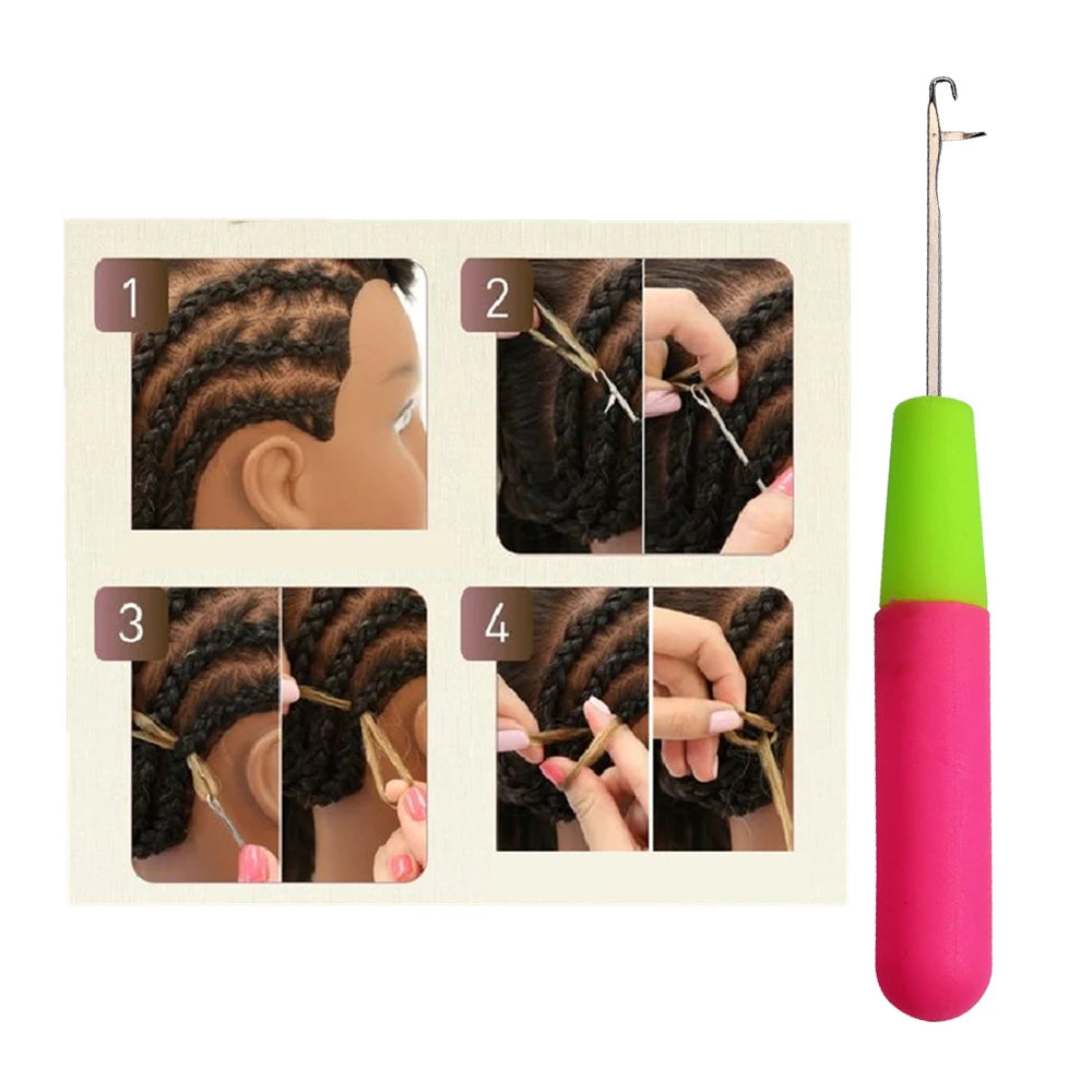 A set of four steps demonstrating how to use a hair weaving crochet hook needle for dreadlocks.