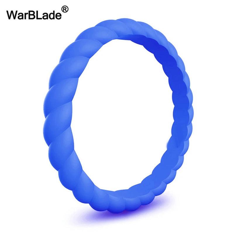 A close-up view of a bright blue braided silicone ring.