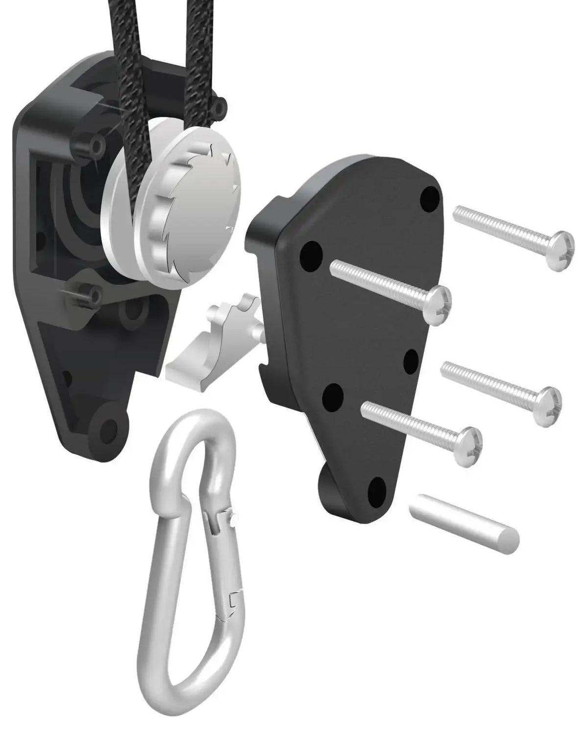 A heavy-duty adjustable rope clip hanger with a metal clip and various mounting components.