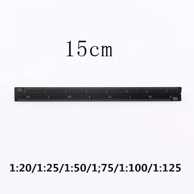 A black aluminum triangular scale ruler marked with a 15 cm measurement.