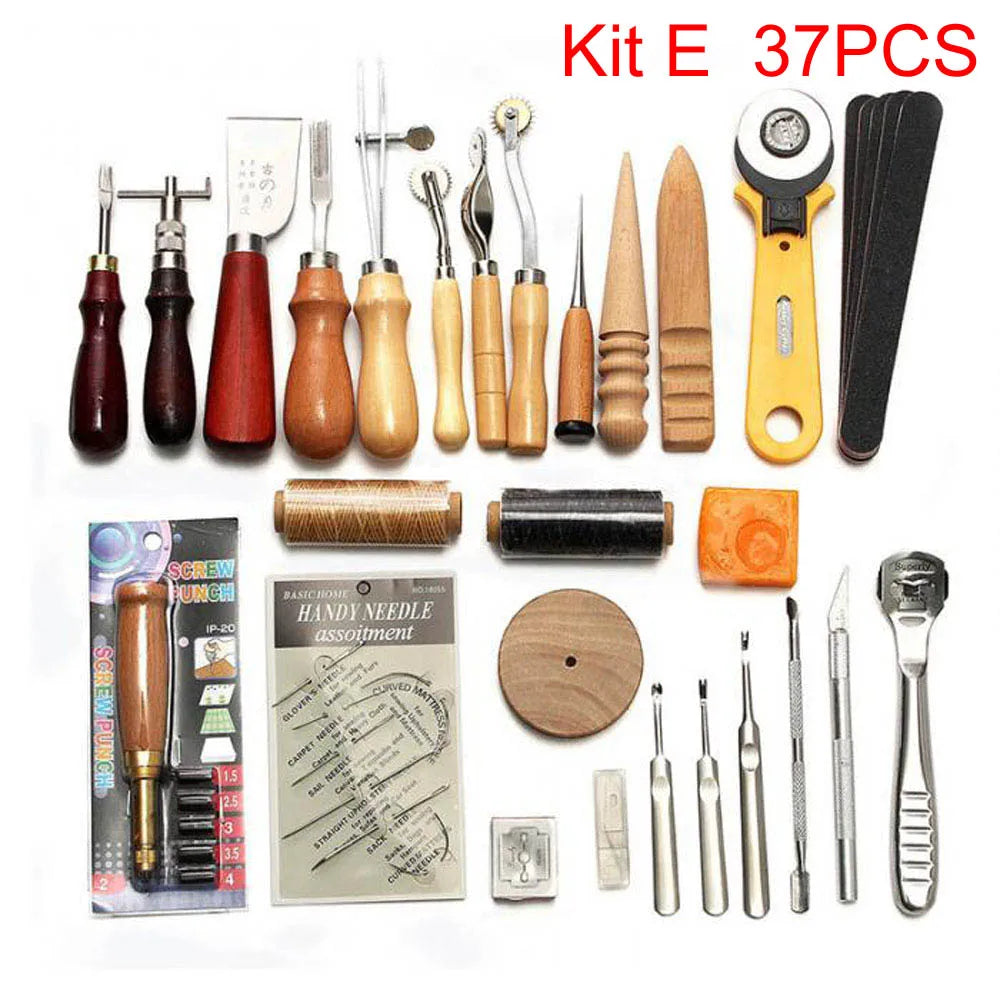 A kit of 37 pieces of professional leather craft tools including needles, punches, and various shaping implements.