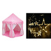 Pink foldable princess tipi play tent with sheer fabric draping and gold star lights hanging above