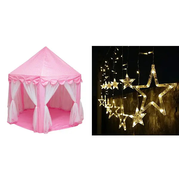 Pink foldable princess tipi play tent with sheer fabric draping and gold star lights hanging above