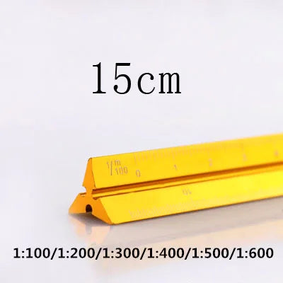 A yellow aluminium triangular scale ruler marked in various scales, showing a 15cm measurement.