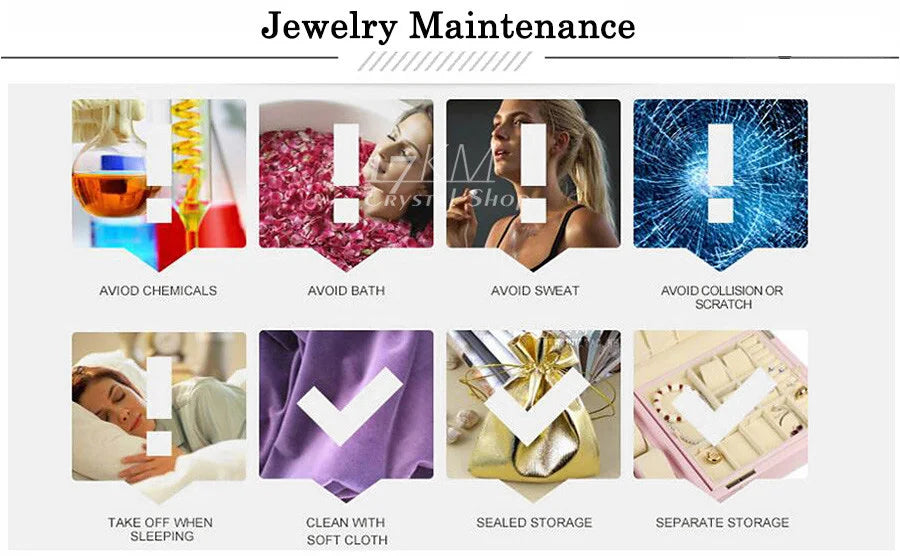 Jewelry maintenance tips showing how to avoid chemicals, bath, sweat, collision or scratch, and proper storage.