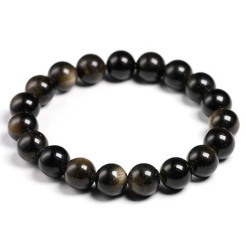 A stretch bracelet made of natural black gold obsidian gemstones.