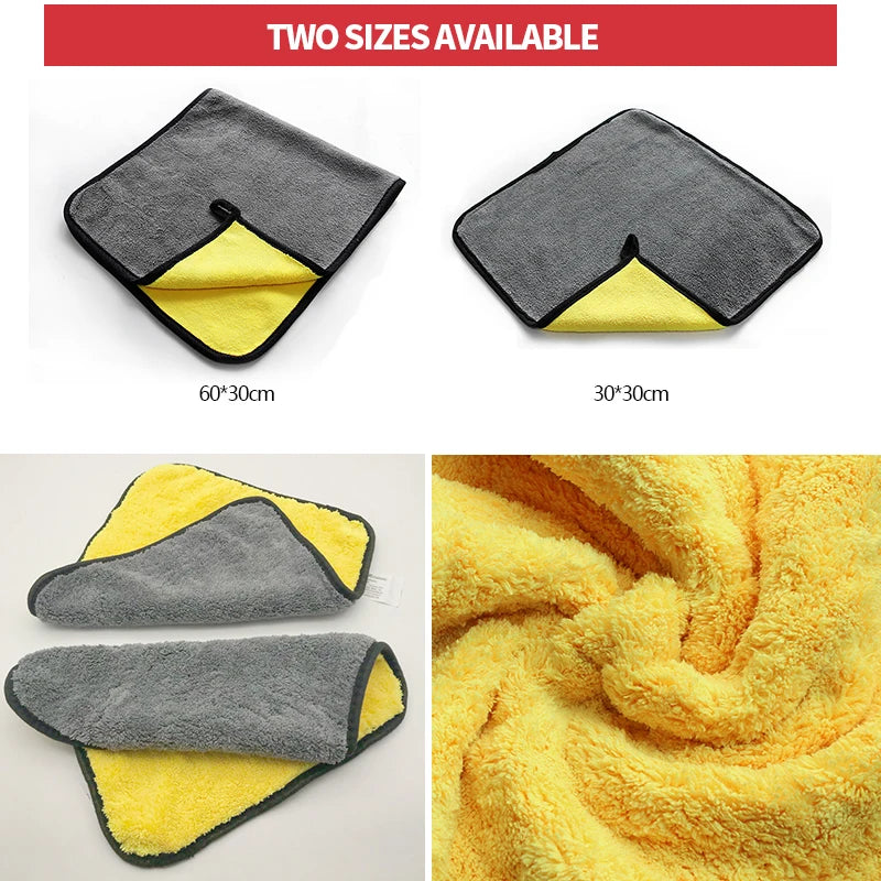 Two sizes of gray and yellow microfiber car care towels shown in various angles