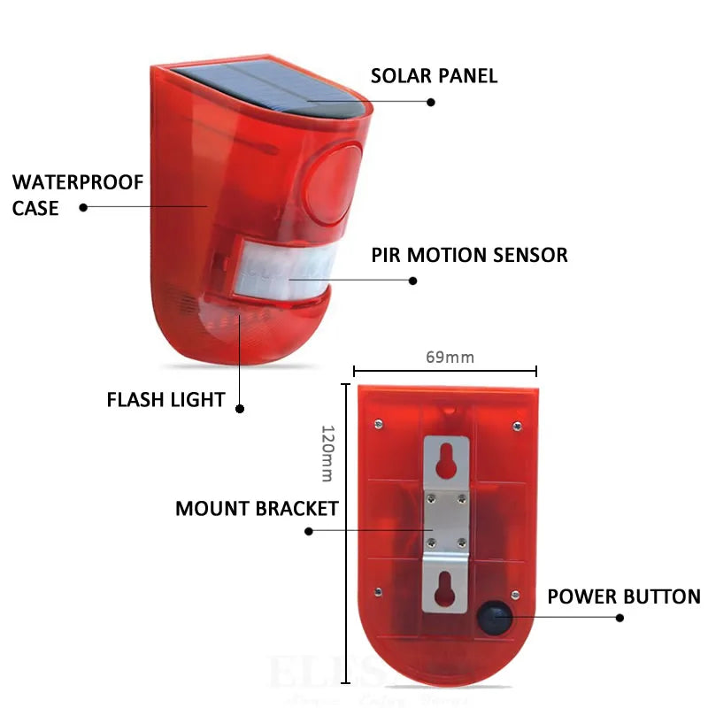 Solar-Powered Motion Sensor Alarm with Strobe Light
