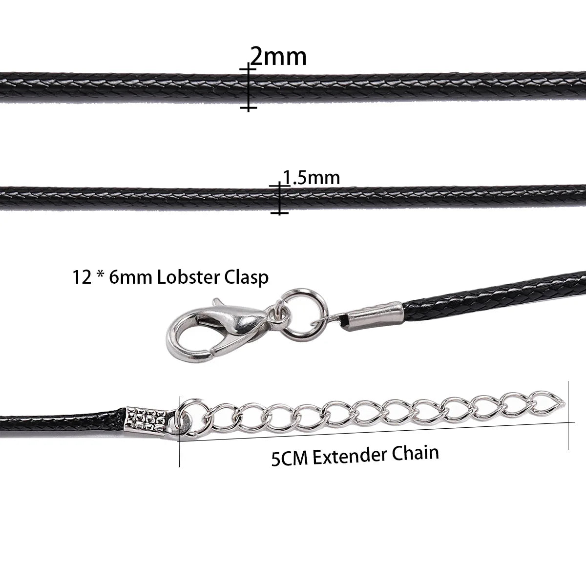 Black leather cord necklace featuring a lobster clasp and a 5cm extender chain.