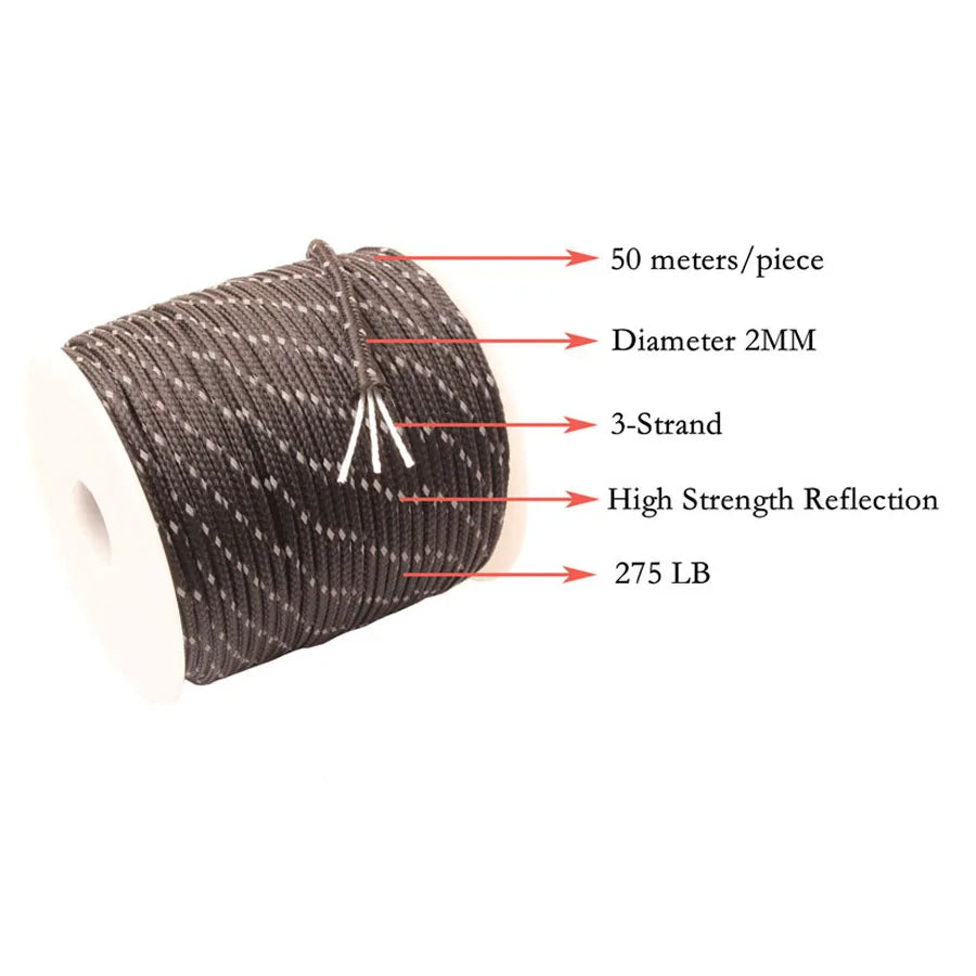 Spool of 3-strand, 2MM diameter, 50 meter high strength reflective paracord rope.