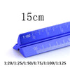 A blue aluminium triangular scale ruler showing various ratios like 1:100 and 1:125 markings.