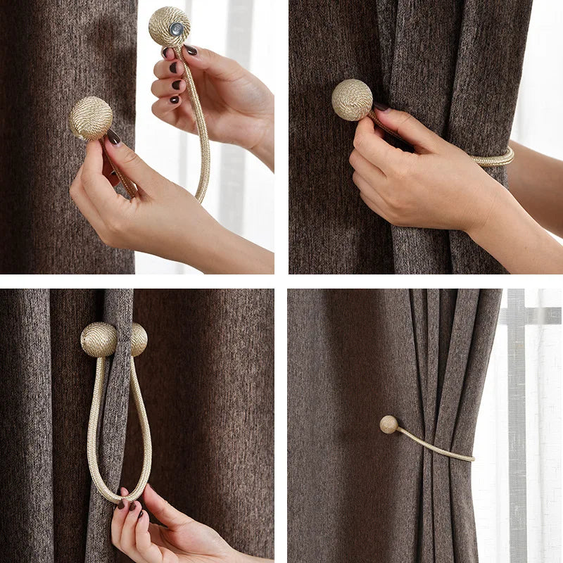 Close-up shots showing how to use magnetic pearl ball curtain tiebacks on a dark brown fabric.