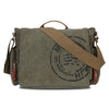 A vintage canvas messenger bag in olive green with brown leather straps and multiple pockets.