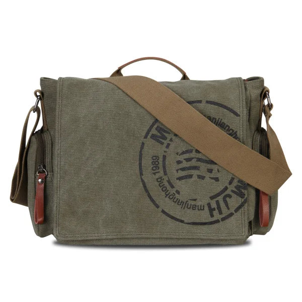 A vintage canvas messenger bag in olive green with brown leather straps and multiple pockets.