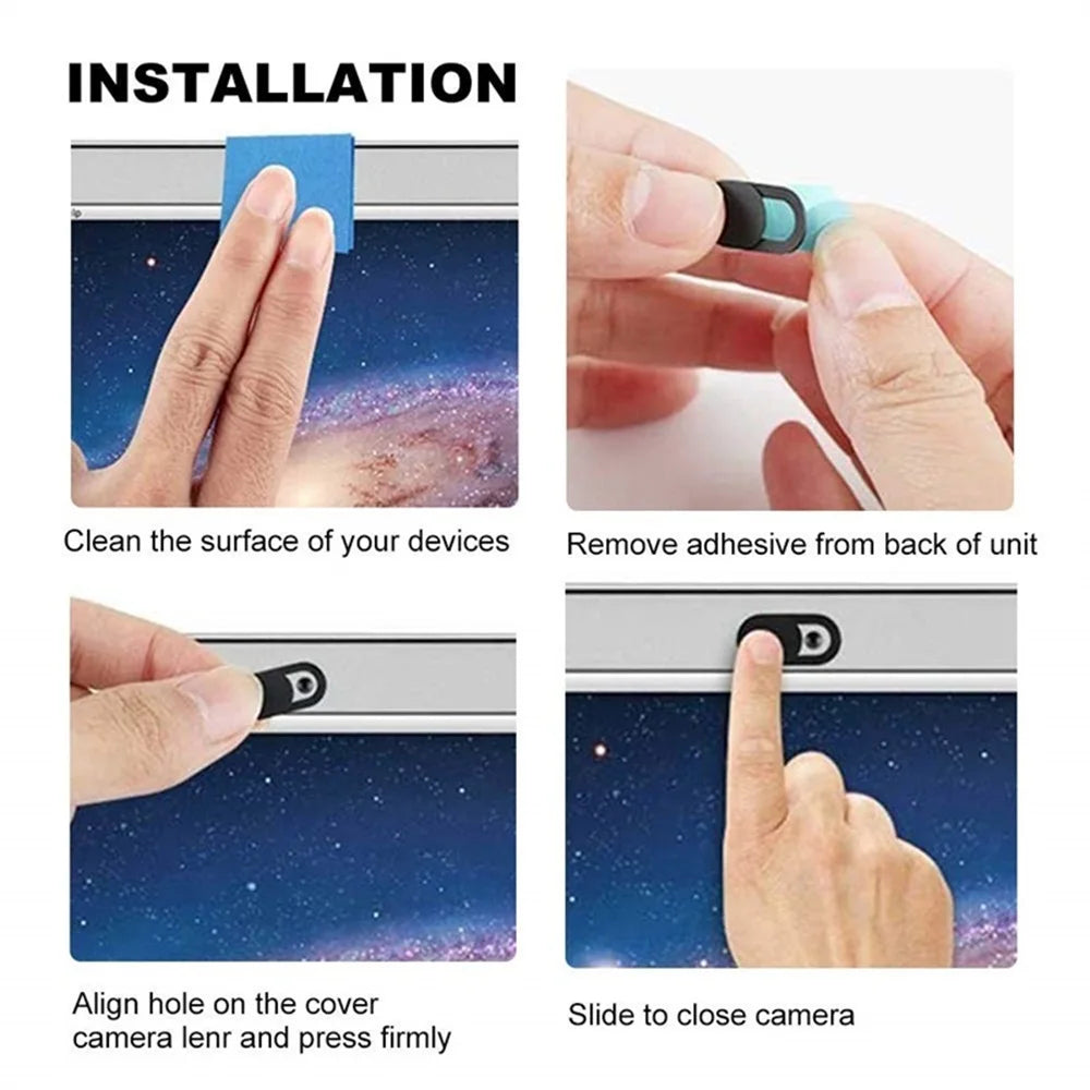 Step-by-step instructions showing how to install an ultra-slim magnetic webcam cover on a device.
