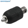Black self-locking keyless drill chuck adaptor with a metal tip and threaded connection.