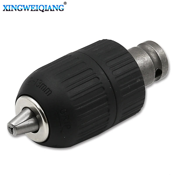 Adaptateur de mandrin sans clé de perceuse noir avec pointe métallique et connexion filetée.