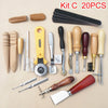A kit of 20 professional leather craft tools including stitching, grooving, and various cutting implements.