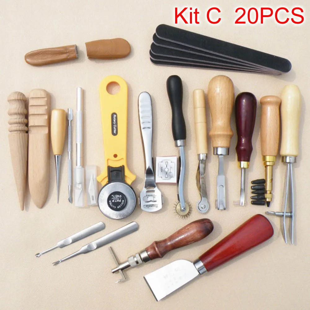 A kit of 20 professional leather craft tools including stitching, grooving, and various cutting implements.