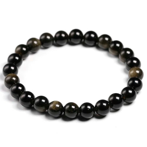 A stretch bracelet made of natural black gold obsidian gemstones.