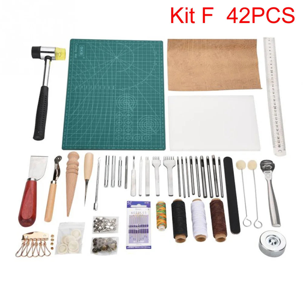 A kit of 42 pieces for professional leather craft tools including stitching, grooving, and various cutting implements.