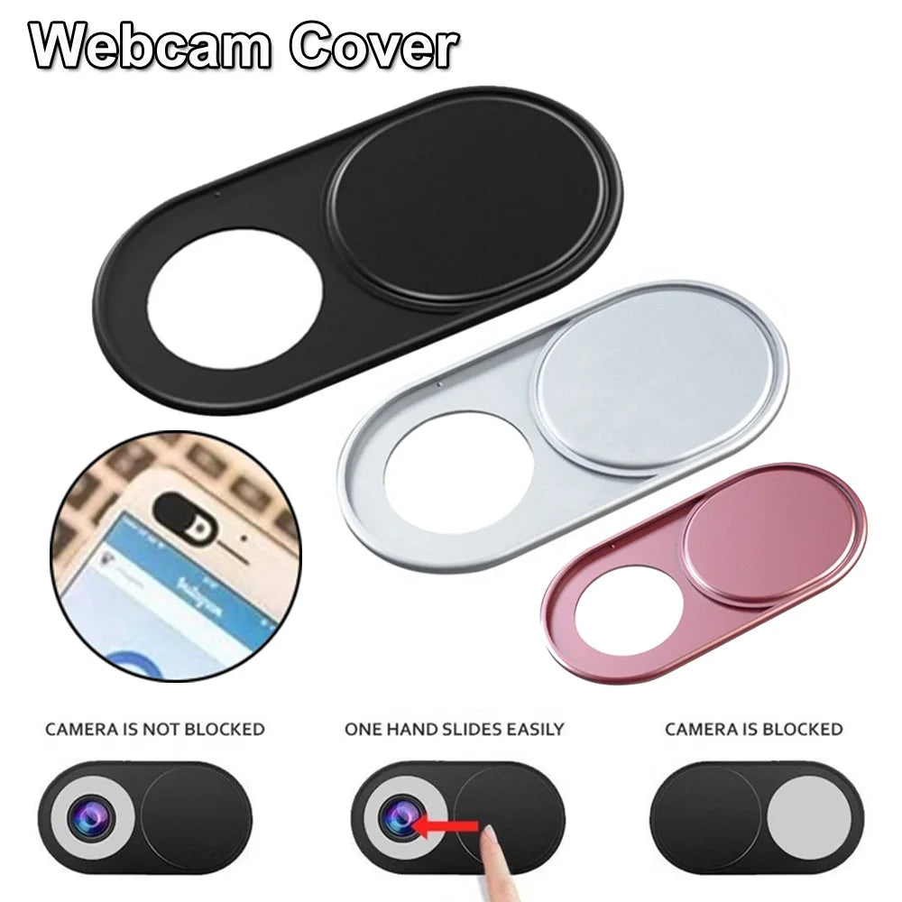 Various designs of a webcam cover including black, silver, and pink options shown with an unblocked and blocked camera view.
