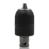 A black self-locking keyless drill chuck adaptor with a threaded shaft and a hexagonal base.