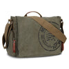 A olive green canvas messenger bag with brown leather straps and multiple pockets.