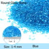 A pile of bright blue round glass stones ranging in size from 1 to 4 mm.