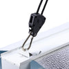 A black heavy-duty adjustable rope clip hanger with a metal hook is shown attached to a white plastic bracket.